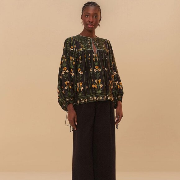 Farm Rio Black Flowers Arch Blouse XS 0 S SM Small top - Picture 3 of 16